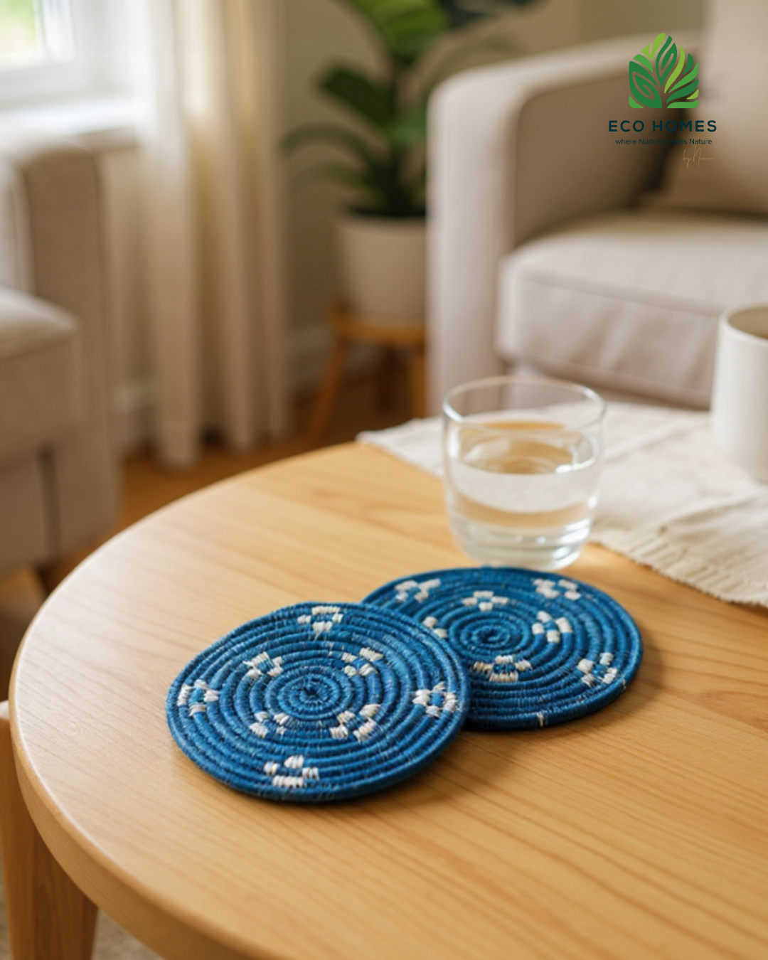 Azure Bloom Woven Coasters – Set of 2