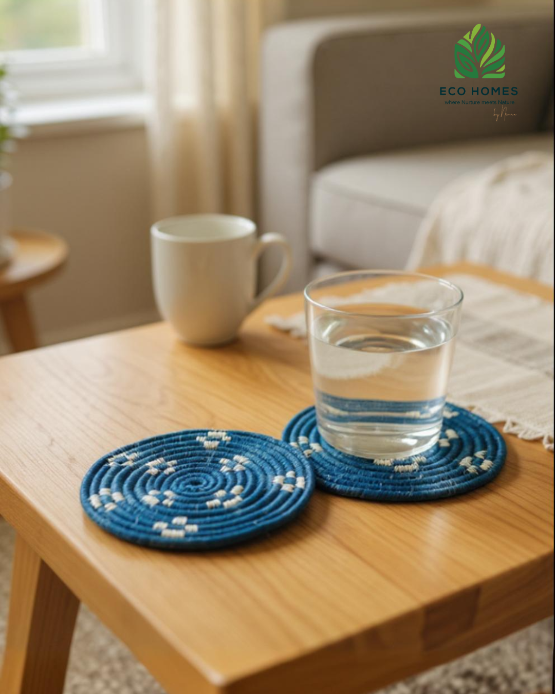 Azure Bloom Woven Coasters – Set of 2