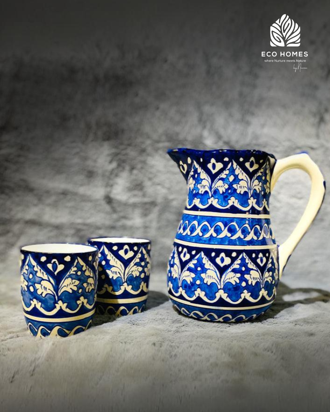 Royal Indigo Hand-Painted Ceramic Jug & Glass Set (6-Piece)