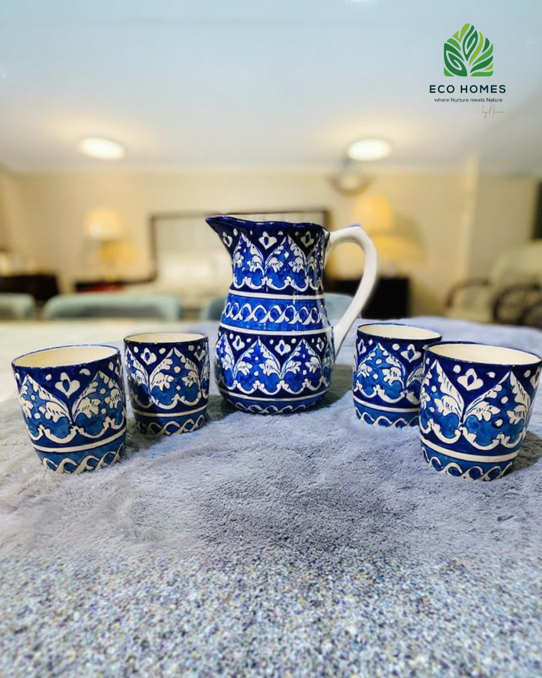 Royal Indigo Hand-Painted Ceramic Jug & Glass Set (6-Piece)