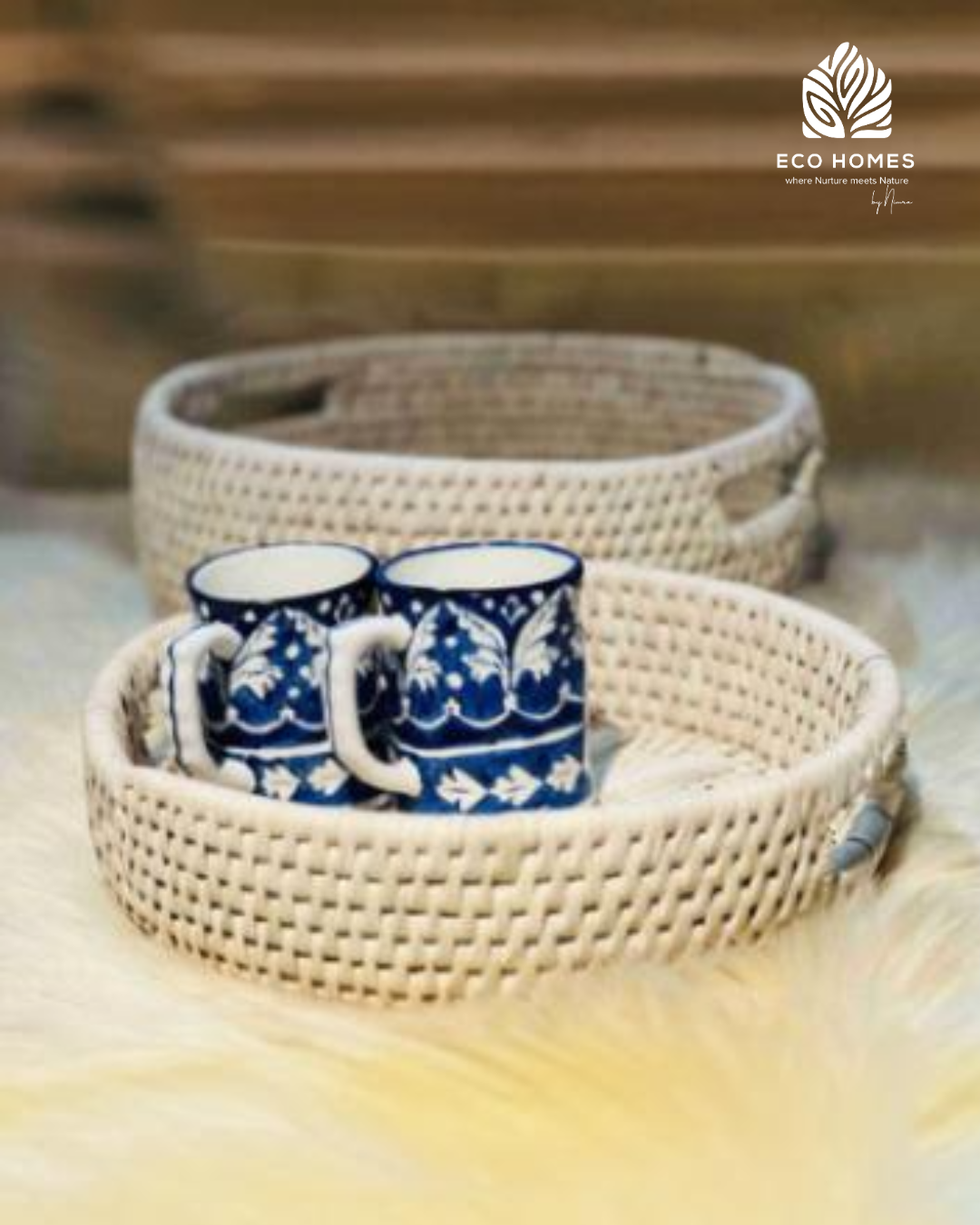 Ivory Round Tray with Blue Pottery Mugs – 3-Piece Gift Set