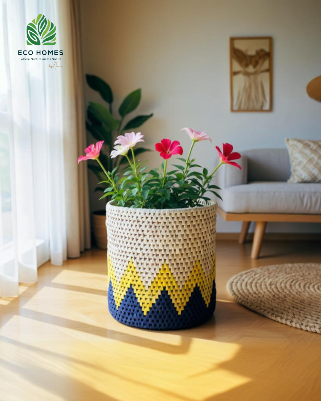 ZigZag Planter – Blue & Yellow on Ivory