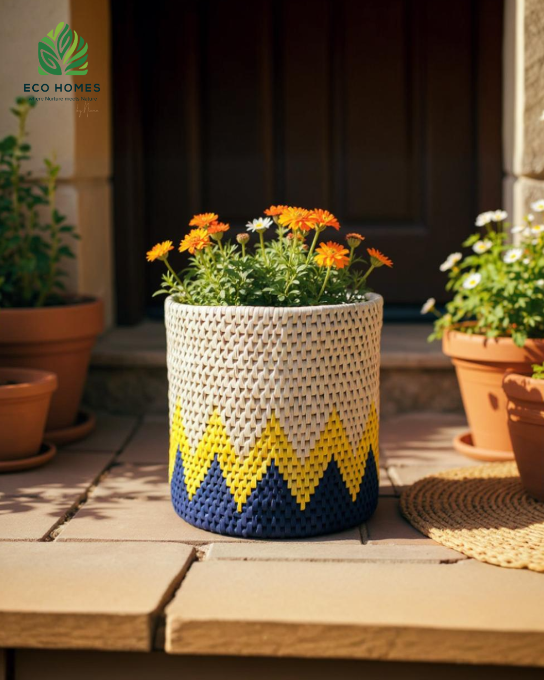 ZigZag Planter – Blue & Yellow on Ivory